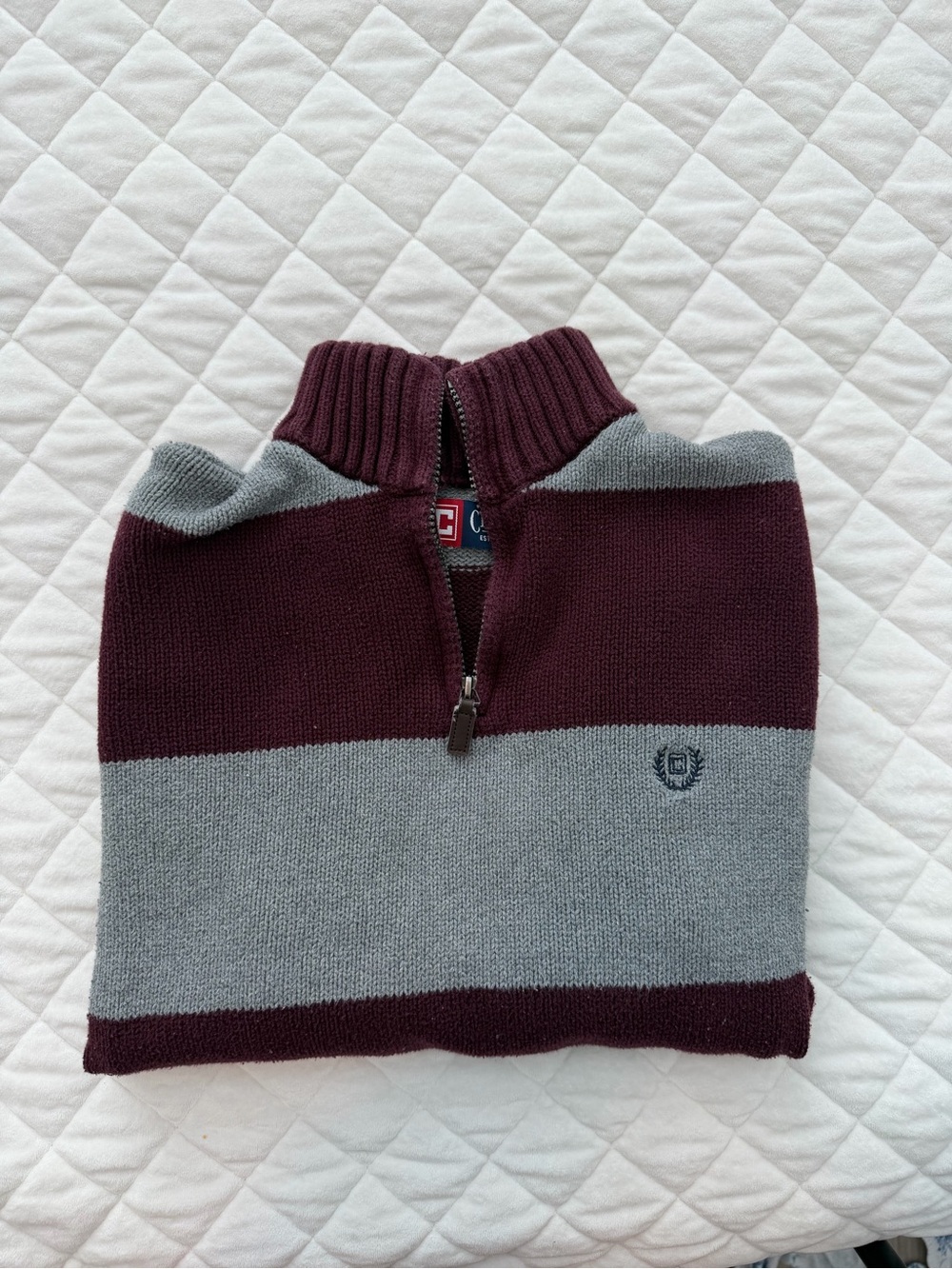 Chaps Burgundy and Gray Quarter-Zip Striped Sweater